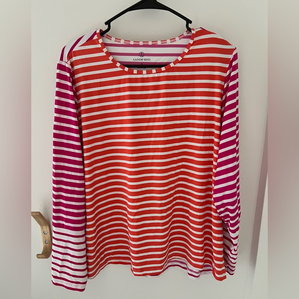 Lands End Pink Orange Striped Long Sleeve Shirt 20-22W